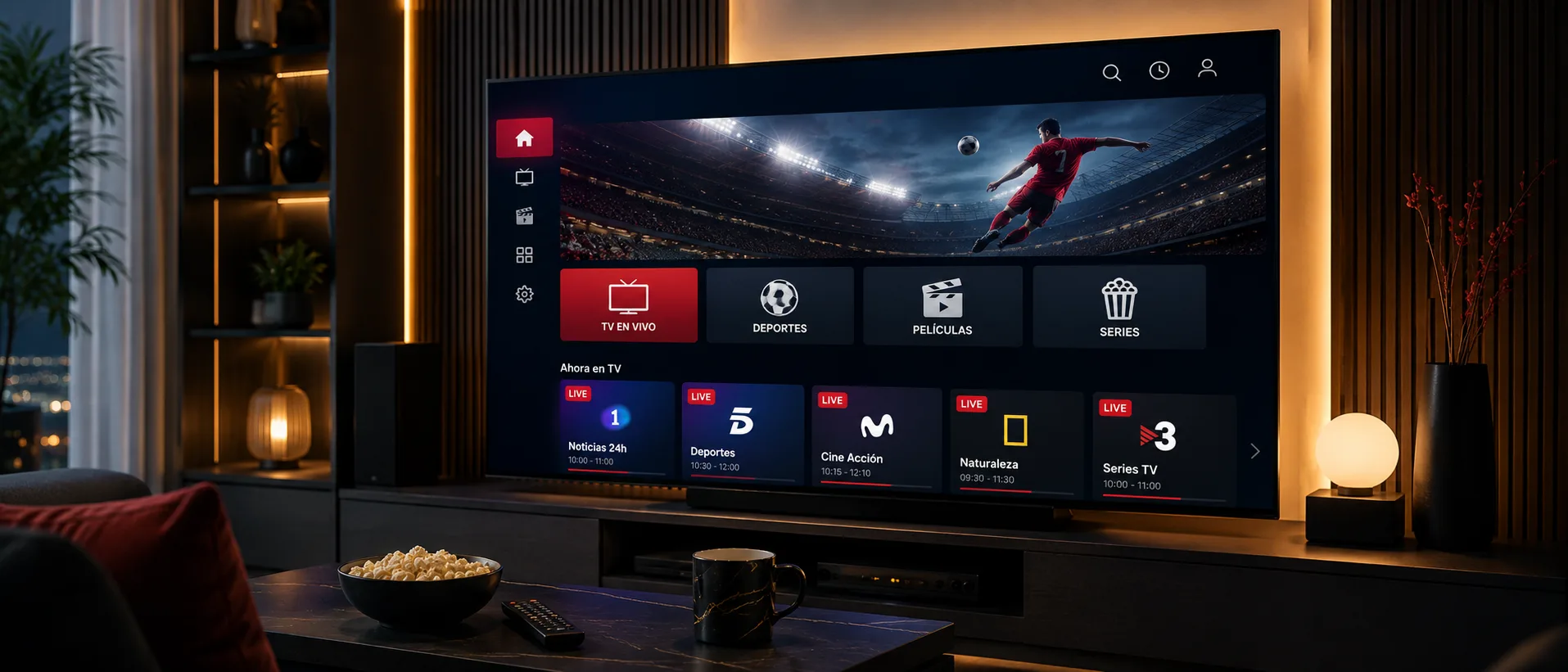 Portal IPTV Player Pro on a TV screen with a modern IPTV interface