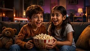 Children watching cartoons together on the couch