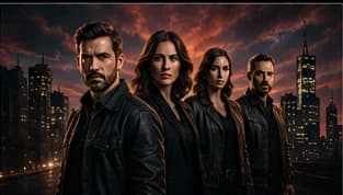 Cast of a TV series posing in a nighttime scene
