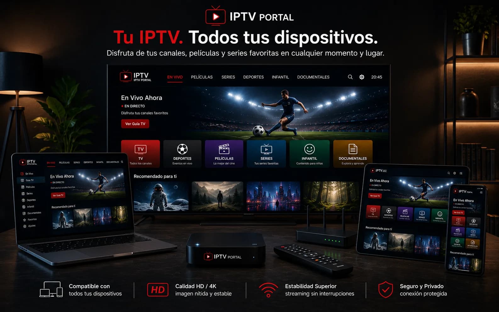 Smart TV, laptop, tablet, and phone displaying the IPTV Portal interface